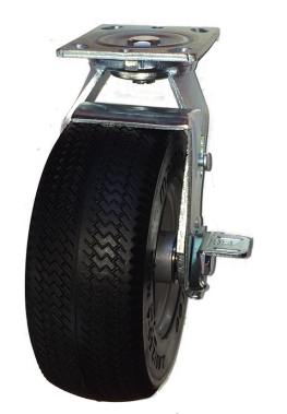 Caster; Swivel; 8" x 3"; Flat Free; Plate (4"x4-1/2"; holes: 2-5/8"x3-5/8" slots to 3"x3"; 3/8 bolt); Prec BB; 300#; Premium Steel Hub; Brake (Just two left!) (Item #64681)