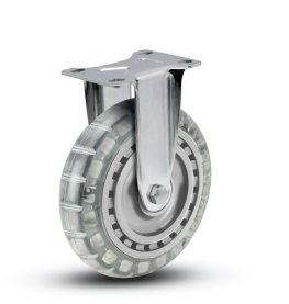 Caster; Rigid; 6"x1-1/4"; Polyurethane (Clear); Plate (2-5/8"x3-3/4"; holes: 1-3/4"x2-3/4" slotted to 3"; 5/16" bolt); Zinc; Ball Brng; 300# (Item #64753)