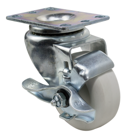 Caster; Swivel; 3" x 1-1/4"; Polyolefin (White); Plate (2-1/2"x3-5/8"; holes: 1-3/4"x2-7/8" slotted to 3"; 5/16" bolt); Zinc; Delrin Spanner; 200#; Brake (Item #64700)
