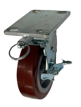 Caster; Swivel; 6"x2"; PolyU/PolyO; Plate; 4-1/2"x6-1/4"; holes: 2-7/16"x4-15/16" (to 3-3/8"x5-1/4"); 1/2" bolt; Rlr brg; 750#; 4 Pos lock; tread brake (Item #67556)