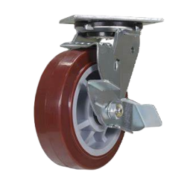 Caster; Swivel; 5" x 2"; Red PolyU on PolyO; Plate (4"x4-1/2"; holes: 2-5/8"x3-5/8" slotted to 3"x3"; 3/8" bolt); Stainless; Delrin Bushing; 750#; Brake (Item #66251)