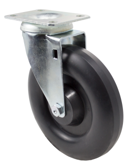 Caster; Swivel; 6" x 1-1/4"; Crowned Polyolefin; Plate (2-5/8"x3-3/4"; holes: 1-3/4"x2-3/4" slotted to 3"; 5/16" bolt); Zinc; Steel Spanner; 300#; Dustcap (Item #64638)