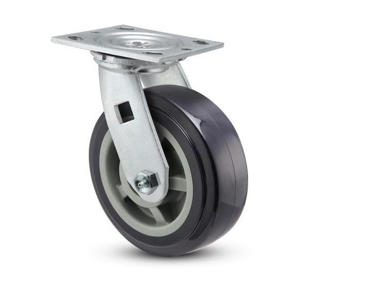 (image for) Caster; Swivel; 4" x 2"; Blue Thermo-Urethane; Plate (4"x4-1/2"; holes: 2-5/8"x3-5/8" slots to 3"x3"; 3/8" bolt); Zinc; Dual Sealed Prec Ball Brng; 600# (Item #63759)