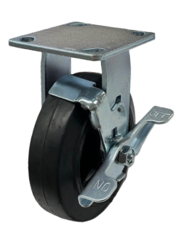 Caster; Swivel; 8" x 2"; Rubber on Cast Iron; Plate; 4-1/2"x6-1/4"; holes: 2-7/16"x4-15/16" (slots to 3-3/8"x5-1/4"); 1/2" bolt; Roller Brng; 500#; Brake (Item #66038)