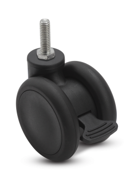 Caster; Twin Wheel; Swivel; 65mm; Thermoplastized Rubber (Black); Threaded Stem (3/8"-16TPI x 3/4"); Black; Riveted Axle; 110#; Wheel Brake (Item #63464)