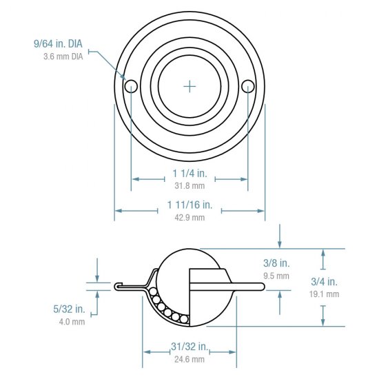 (image for) Ball Transfer; Low Profile; 5/8" Steel ball; Flange (1-11/16" diameter; two 1/8" holes: 1-1/4" apart); Carbon Steel flange; 20#; 3/8" profile (Item #88815)