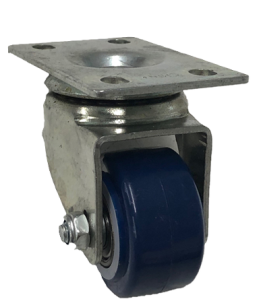 Caster; Swivel; 3" x 1-1/4"; PolyU on PolyO (Blue); Top Plate (3-1/8"x4-1/8"; holes: 2-3/8"x3-3/8";1/4" bolt); Zinc; Ball Brng; 210# (Item #64631)
