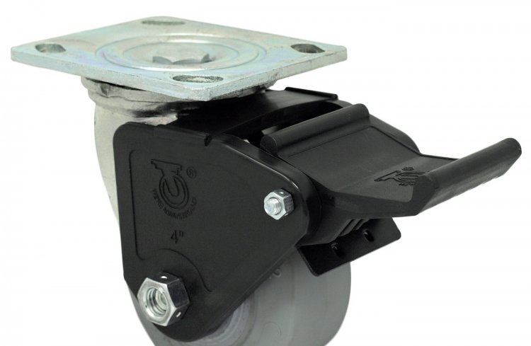 (image for) Caster; Swivel; 6" x 2"; Phenolic; Plate (4"x4-1/2"; holes: 2-5/8"x3-5/8" slots to 3"x3"; 3/8" bolt); Zinc; Roller Brng; 1200#; Pedal Wheel brake (Item #63980)
