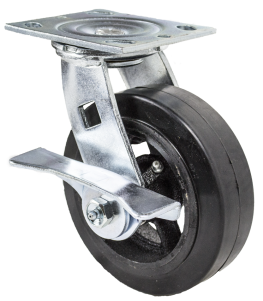 Caster; Swivel; 8" x 2"; Rubber on Cast; Plate (4-1/2"x6-1/4"; holes: 2-7/16"x4-15/16" slotted to 3-3/8"x5-1/4"; 1/2" bolt); Zinc; Roller Brng; 600#; Cam Brake (Item #66039)