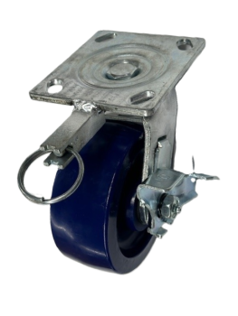 Caster; Swivel; 5" x 2"; Polyurethane (One piece); Plate (4"x4-1/2"; holes: 2-5/8"x3-5/8" slotted to 3"x3"; 3/8" bolt); Roller Brng; 900#; Position Lock; Brake (Item #68861)