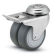Caster; Dual Wheel; Swivel; 3" x 1" (x2); Thermoplastized Rubber (Gray); Hollow Kingpin (1/2" bolt); Zinc; Precision Ball Brng; 220#; Total Lock; Thread guards (Item #67385)