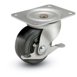Caster; Swivel; 3"x1-1/4"; Hard Rubber; Non-marking; Plate (3-1/8x4-1/8; holes: 2-3/8x3-3/8 slots to 3-7/16; 5/16 bolt); Zinc; Plain bore; Friction brake; 150# (Item #67029)