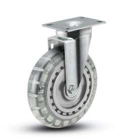 Caster; Swivel; 6"x1-1/4"; Polyurethane (Clear); Plate (2-5/8"x3-3/4"; holes: 1-3/4"x2-3/4" slotted to 3"; 5/16" bolt); Zinc; Ball Brng; 300#; Dustcap (Item #64754)