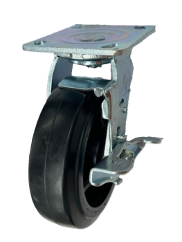 Caster; Swivel; 6" x 2"; Rubber on Cast Iron; Plate (4"x4-1/2"; holes: 2-5/8"x3-5/8" slots to 3"x3"; 3/8" bolt); Zinc; Roller Brng; 450#; Tread Brake (Item #67756)