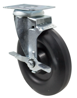 Caster; Swivel; 5" x 1-1/4"; Crowned Polyolefin; Plate (2-3/8"x3-5/8"; holes: 1-3/4"x2-7/8" slotted to 3"; 5/16" bolt); Stainless; 300#; Tread brake (Item #65694)