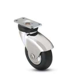 Caster; Std; Swiv; 3" x 15/16"; Rubber; Soft; Plate; 1-1/4"x2-3/8"; holes: 13/16"x1-1/4"; 3/16" bolt; Chrome; Precision Ball Brng; Hooded; 110# (Item #69966)