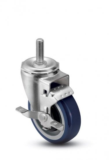 (image for) Caster; Swivel; 4" x 1-1/4"; PolyU on PolyO (Blue); Threaded Stem; 1/2"-13TPI x 1"; Zinc; Precision Ball Brng; 250#; Top lock brake; Dust Cover; Bearing Covers (Item #68122)