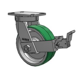 Caster; Swivel; 8" x 2-1/2"; 95A PolyU on Alum; Plate (4-1/2"x6-1/4"; holes: 2-7/16"x4-15/16" slots to 3-3/8"x5-1/4"; 1/2" bolt); 2000#; Kingpinless; Face Brake (Item #63611)