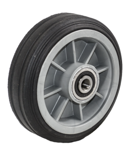 Wheel; 6" x 2"; Solid Rubber on Plastic Hub; Ball Brng; 3/4" Bore; 2-7/16" Hub Length; 350#; Centered One-piece Hub; Ribbed Tread (Item #87961)