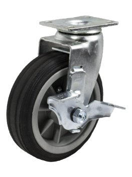 Caster; Swivel; 6" x 2"; Solid Rubber on Plastic Hub; Plate (4"x4-1/2"; holes: 2-5/8"x3-5/8" slots to 3"x3"; 3/8" bolt); Ball Brng; 350#; Ribbed Tread; Brake (Item #64278)