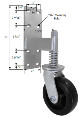 Spring Loaded Gate Swivel Caster; 6" x 2"; Phenolic; Bracket (11"x4"; 8 holes 1-3/4" (slotted to 3") x 9-1/2"; 7/16" bolt); Zinc; Delrin Bushing; 700#; Brake (Item #63269) Spring Loaded Gate Swivel Caster; 6" x 2"; Phenolic; Bracket (11"x4"; 8 holes 1-3/4" (slotted to 3") x 9-1/2"; 7/16" bolt); Zinc; Delrin Bushing; 700#; Brake (Item #63269)