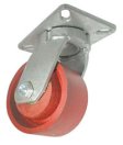 Caster; Swivel; 5" x 2"; Steel; Plate (4"x4-1/2"; holes: 2-5/8"x3-5/8" slots to 3"x3"; 3/8" bolt); Zinc; Roller Brng; 2000#; Kingpinless (Item #64047)
