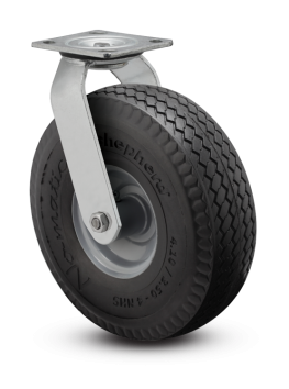 Caster; Swivel; 10" x 3"; Flat Free (Black); Plate (4"x4-1/2"; holes: 2-5/8"x3-5/8" slots to 3"x3"; 3/8" bolt); Zinc; Prec Ball Brngs; 280#; Face Brake (Item #62970)