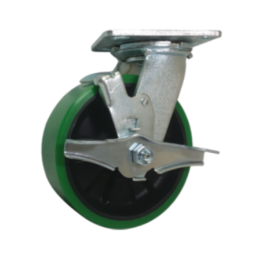 Caster; Swivel; 6" x 2"; PolyU on Nylon (Green); Top Plate (4"x4-1/2"; holes: 2-5/8"x3-5/8" slotted to 3"x3"; 3/8" bolt); Zinc; Roller Brng; 1200#; Wheel Brake (Item #65526)