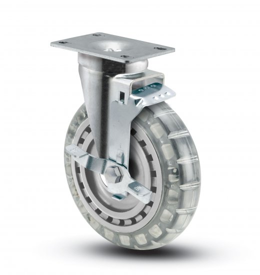 (image for) Caster; Swivel; 6"x1-1/4"; Polyurethane (Clear); Plate (2-5/8"x3-3/4"; holes: 1-3/4"x2-3/4" slotted to 3"; 5/16" bolt); Zinc; Ball Brng; 300#; Dustcap; Brake (Item #64752)