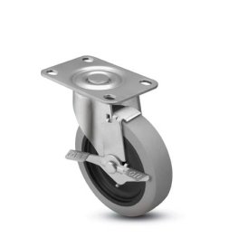 Caster; Swivel; 3 x 1-1/4; Thermoplastized Rubber (Gray); Top Plate; 3-1/8x4-1/8; hole spacing: 2-3/8x3-3/8; 5/16 bolt; Zinc; Ball Brng; 165#; Tread brake (Item #66298) Caster; Swivel; 3 x 1-1/4; Thermoplastized Rubber (Gray); Top Plate; 3-1/8x4-1/8; hole spacing: 2-3/8x3-3/8; 5/16 bolt; Zinc; Ball Brng; 165#; Tread brake (Item #66298)