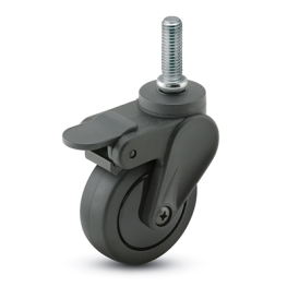 Caster; Swivel; 3" x 15/16"; Black PolyU on PolyO; Threaded Stem; 5/16"-18TPI x 1"; Black GFN Rig; Delrin Brng; 120#; Pedal Brake (Item #63272)