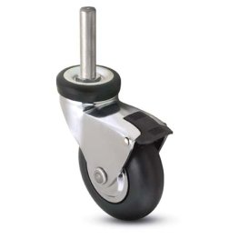 Caster; Swivel; 3 x 15/16; Rubber (Soft; non-marking); Threaded Stem (1/2-13TPI x 1-1/2); Chrome; Precision Ball Brng; 110#; Pedal Brake; Thread guards (Item #66637)