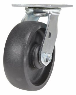 Caster; Swivel; 4" x 1-1/4"; Glass/ Nylon Hi-Temp (Bk); Plate (2-1/2"x3-5/8"; holes: 1-3/4"x2-7/8" slotted to 3"; 5/16" bolt); Zinc; Steel Spanner; 350# (Item #63420)