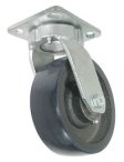 Caster; Swivel; 6"x2"; PolyU (Crowned) on Cast; Plate (4-1/2"x6-1/4"; holes: 2-7/16"x4-15/16" slots to 3-3/8"x5-1/4"); Roller Brn; 1200#; Kingpinless (Item #67422)