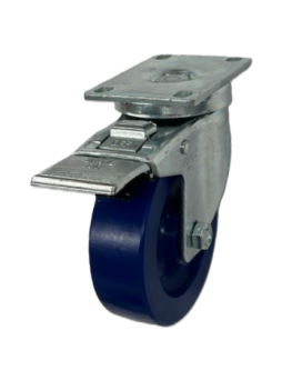 Caster; Swivel; 4" x 1-1/4"; Polyurethane (Solid); Plate (2-5/8"x3-3/4"; holes: 1-3/4"x2-3/4" slots to 3"; 5/16" bolt); Zinc; 300#; Dust Cover; Total Lock Brake (Item #63899)