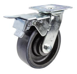 Caster; Swivel; 4" x 2"; PolyU on Cast; Plate (4"x4-1/2"; holes: 2-5/8"x3-5/8" slotted to 3"x3"; 3/8" bolt); Roller Brng; 800#; Total Lock (Trailing) (Item #64169)