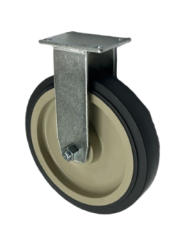 Caster; Rigid; 8" x 1-1/2"; PolyU on PolyO (Gray); Plate; 2-3/8"x3-5/8": holes: 1-3/4"x2-7/8" (slotted to 3"); 3/8" bolt; Zinc; Ball Brng; 400# (Item #67921)