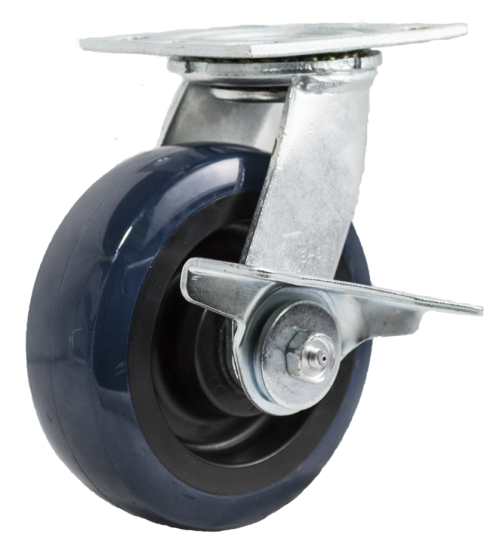 (image for) Caster; Swivel; 6" x 2"; PolyU on PolyO; Plate; 4"x4-1/2"; holes: 2-5/8x3-5/8 (slotted to 3x3); 3/8 bolt; Zinc; Roller Brng; 700#; Cam Style Wheel Brake (Item #65224)