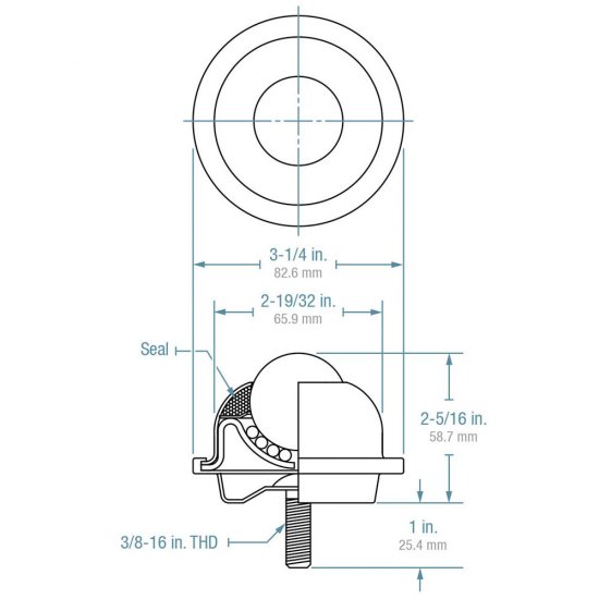 (image for) Ball Transfer; 1-1/2" Nylon ball; Threaded Stud; 3/8"-16TPI x 1"; Zinc-plated steel housing; 3-1/4" O.D.; 250#; 2-5/16" load height (Item #89431)