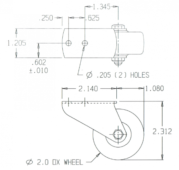 (image for) Side Mount Rigid Caster; 2" x 7/8"; Polyolefin; Offset Plate (1-1/4"x2-1/8": 2 holes: 5/8" apart; 3/16" bolt); 3-1/4" Total Length; Zinc Finish; 100# (Item #64519)