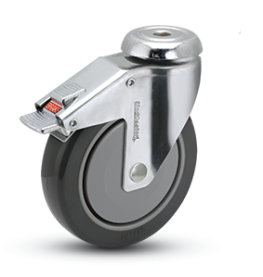 Caster; Swivel; 4" x 7/8"; Thermoplastized Rubber (Gray); Hollow Kingpin (3/8" bolt hole); Chrome; Ball Brng; 160#; Thread guards; Total Lock (Trailing) (Item #63400)