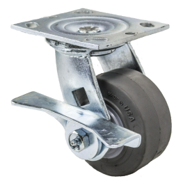 Caster; Swivel; 4" x 2"; Thermoplastized Rubber (Gray); Plate (4"x4-1/2"; holes: 2-5/8"x3-5/8" slotted to 3"x3"; 3/8" bolt); Zinc; Roller Brng; 400#; Cam Brake (Item #64730)