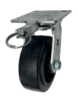 Caster; Swivel; 8" x 2"; Rubber on Cast; Plate (4-1/2"x6-1/4"; holes: 2-7/16"x4-15/16" slotted to 3-3/8"x5-1/4"; 1/2" bolt); Zinc; Roller Brng; 600#; Pos Lock (Item #66040)