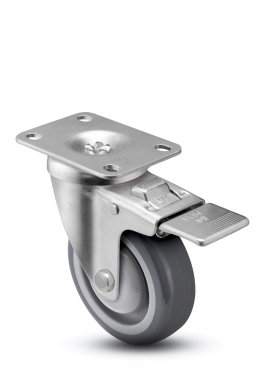 Caster; Swivel; 6"x1-1/4"; PolyU on PolyO (Gray); Plate; 2-3/8"x3-5/8"; holes: 1-3/4"x2-7/8" (slotted to 3"); 5/16 bolt; Prec BB; 300#; Pedal Ttl Lck; Thrd Grds (Item #67279)