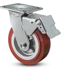 Caster; Swivel; 5"x2"; PolyU on PolyO; Plate; 4"x4-1/2"; holes: 2-5/8"x3-5/8" (slotted to 3x3); 3/8 bolt; Roller Brng; 750#; Total Lock Brake (Trailing) (Item #68570)