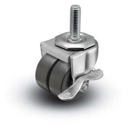 Caster; Dual Wheel; Swivel; 2" x 7/8" (x2); Polyolefin; Threaded Stem (3/8-16TPI x 1-1/2); Zinc; Plain bore; 225#; Side friction brake (Item #66506)