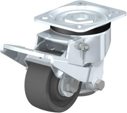 Caster; Swivel; 80mm x 35mm; Nylon; Plate (85mm x 100mm); Zinc; Ball Brng; 660# Dynamic/ 2200# Static; Retractable Floor Lock lifts 1/8"; Non-swiveling Pedal (Item #64083)