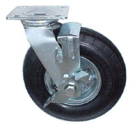 Caster; Swivel; 8"x2-3/4"; Pneumatic (Black); Plate (4"x4-1/2"; holes: 2-5/8"x3-5/8" slotted to 3"x3"; 3/8" bolt); Zinc; Ball Brng; 350#; Tread Brake (Item #65450)