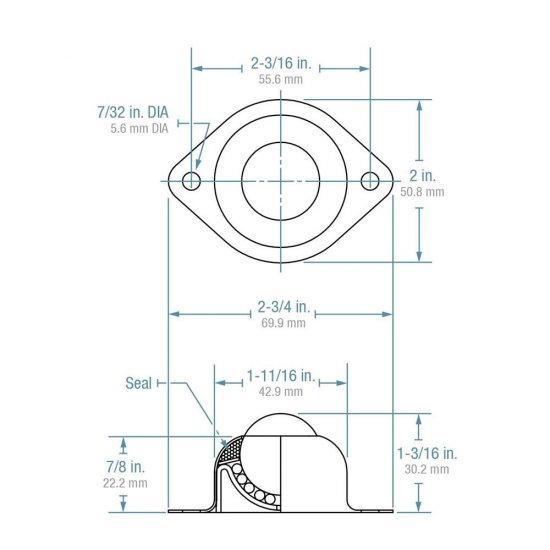 (image for) Ball Transfer; 1" carbon steel ball and Housing; Flange (2"x2-3/4"; 2-hole spacing: 2-3/16"; 3/16" bolt); 75#; 1-3/16" height (Item #89362)