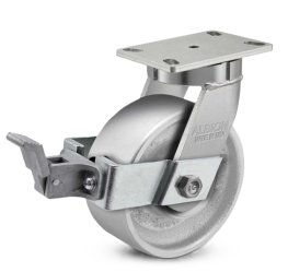 Caster; Swivel; 6" x 3"; Cast Iron; Plate (5-1/4"x7-1/4"; holes: 3-3/8"x5-1/4" slots to 4-1/8"x6-1/8"); Roller Brng; 2500#; Kingpinless; Pos Lock; Face Brake (Item #62988)
